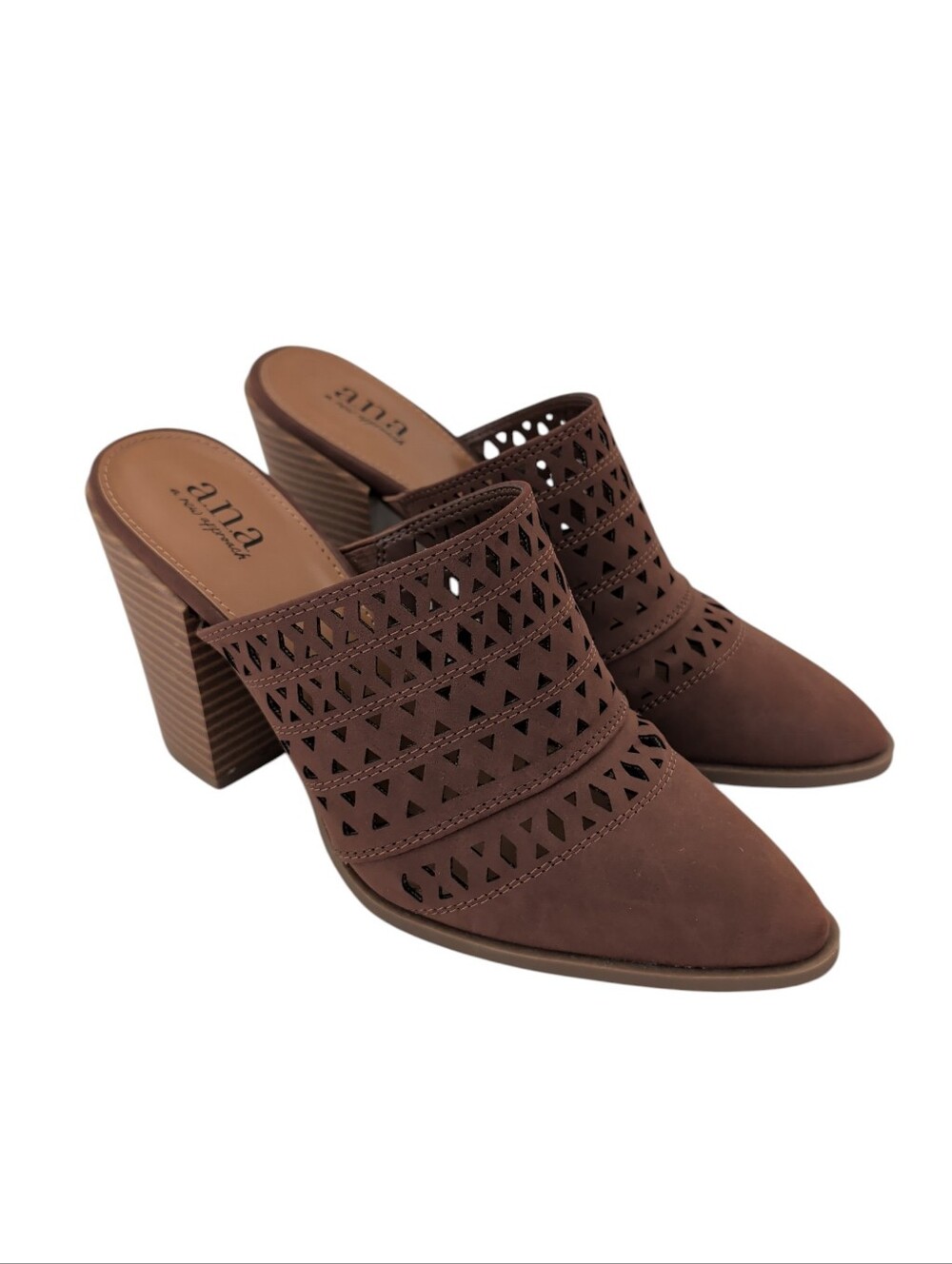 NWOT a.n.a. Hiro Laser-Cut Block Heel Slip On Dress Mules Shoes 6.5M Brown